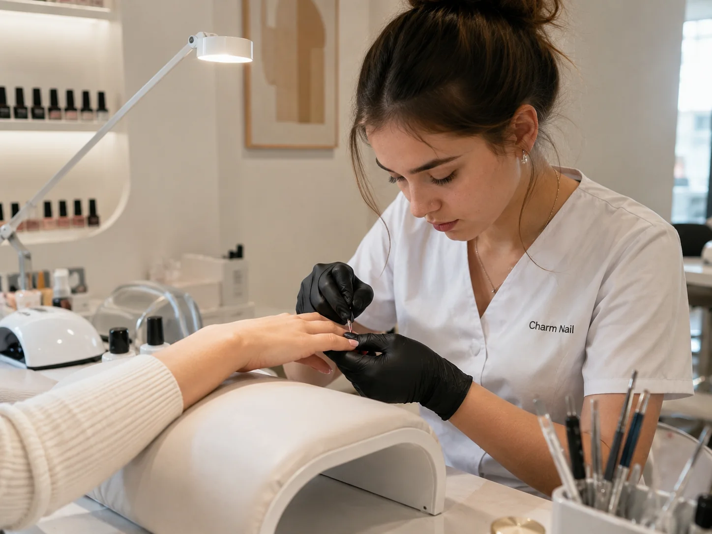 Manicurista de Charm Nail realizando una manicura en el centro de València