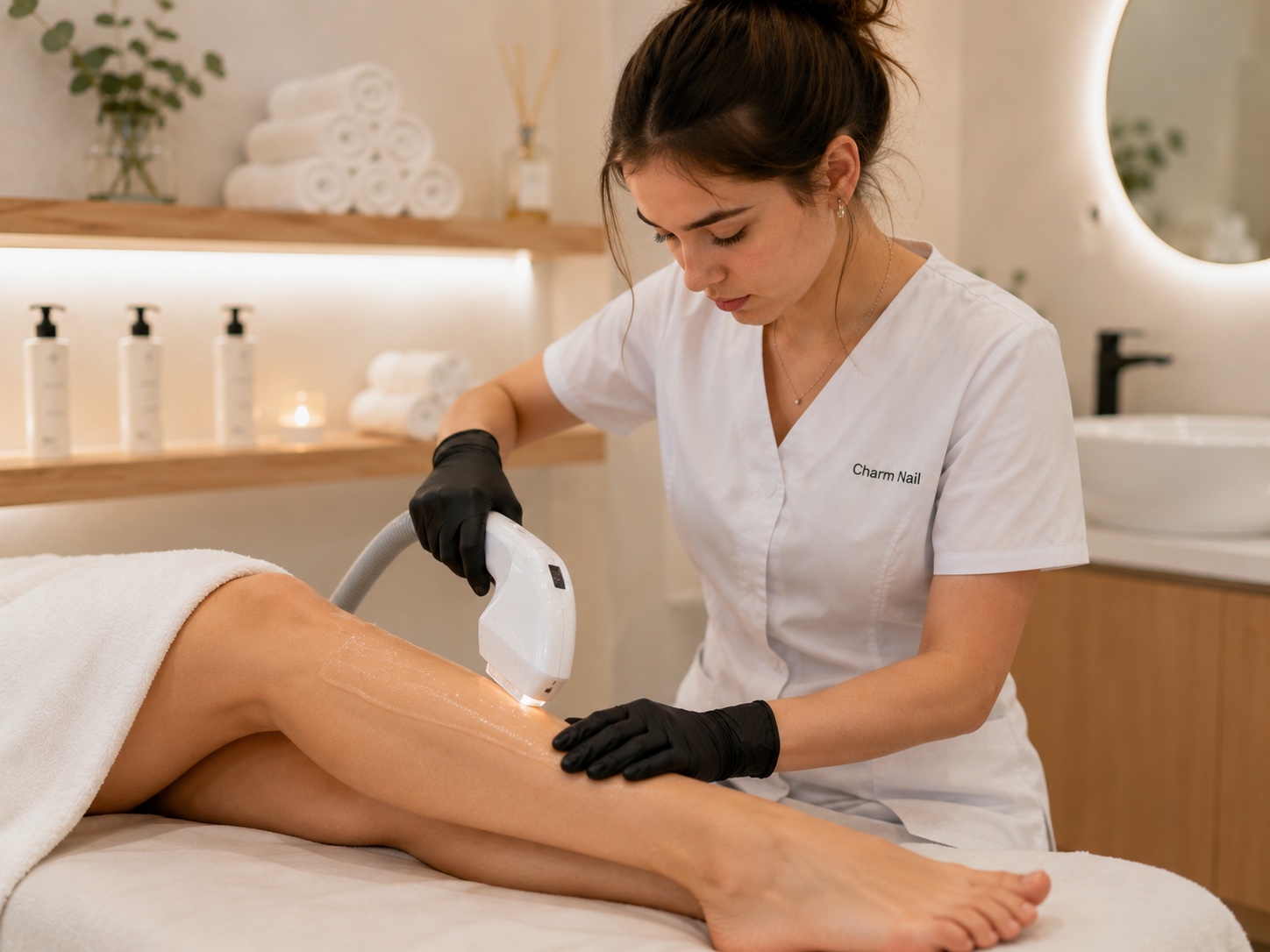 Profesional de Charm Nail realizando un servicio de depilación en las piernas