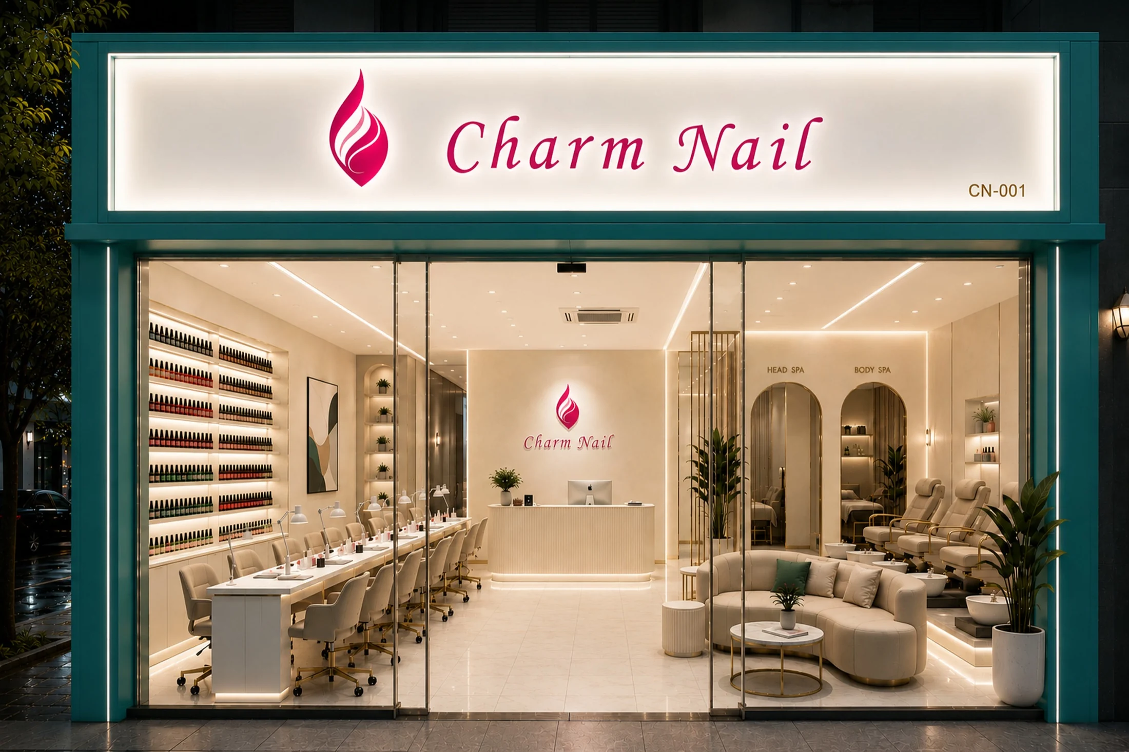Fachada moderna de Charm Nail con rótulo visible
