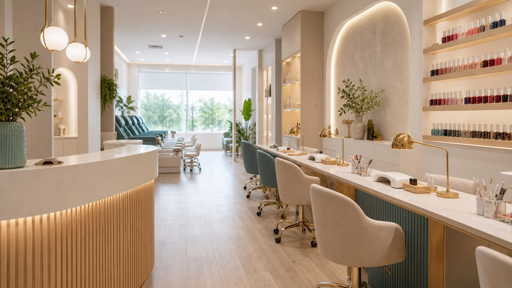 Interior luminoso de un centro Charm Nail con zonas de manicura, pedicura, belleza y bienestar