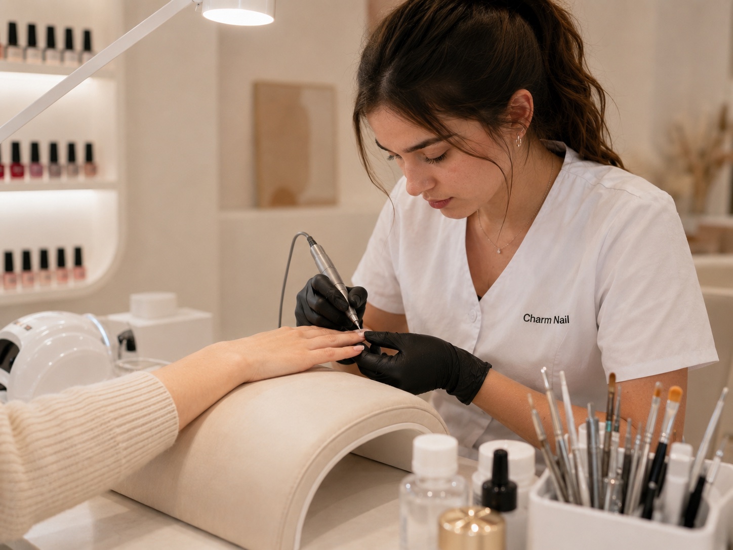 Profesional de Charm Nail realizando una manicura a una clienta