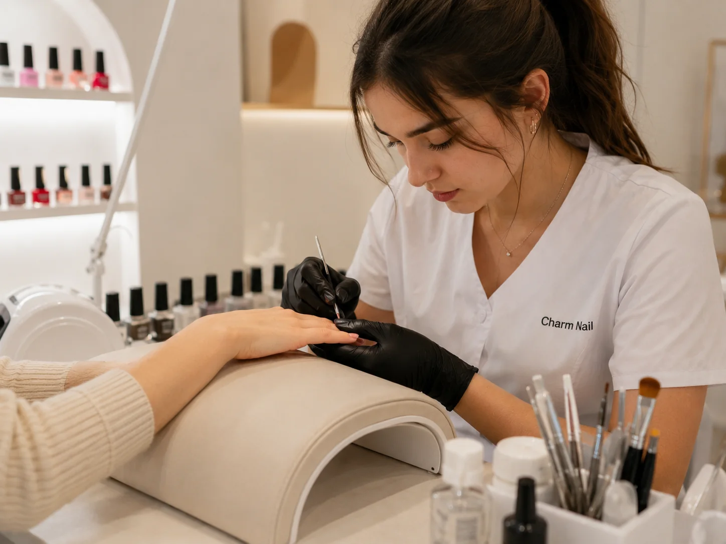 Manicurista de Charm Nail realizando una manicura profesional
