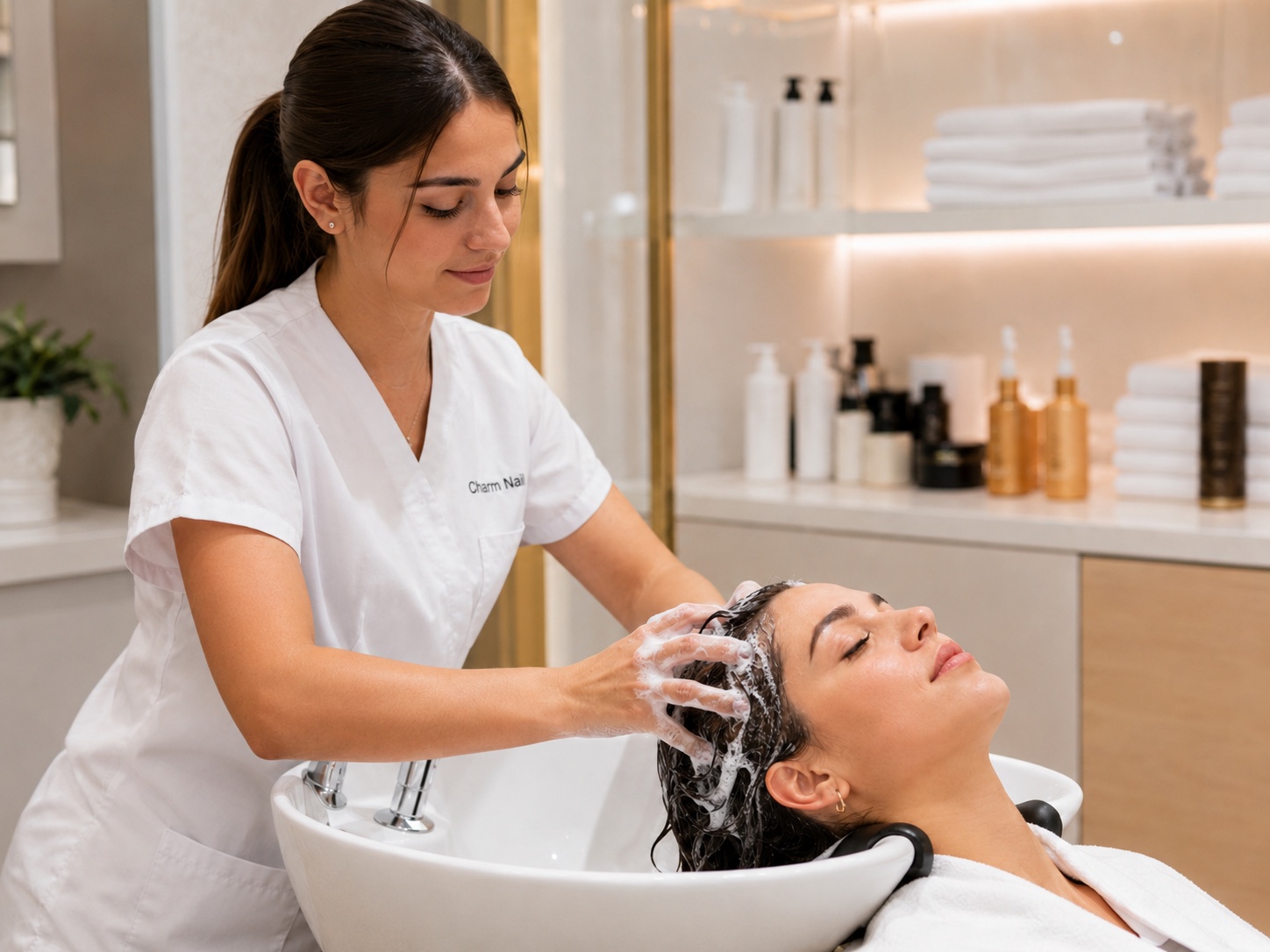 Profesional de Charm Nail realizando un masaje y lavado del cuero cabelludo