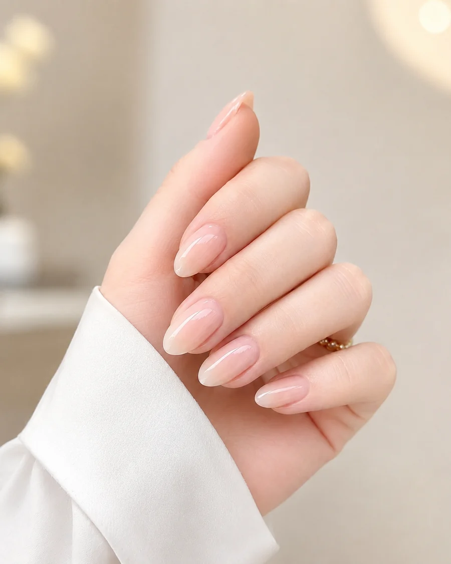 Manicura nude natural con acabado brillante y forma almendrada
