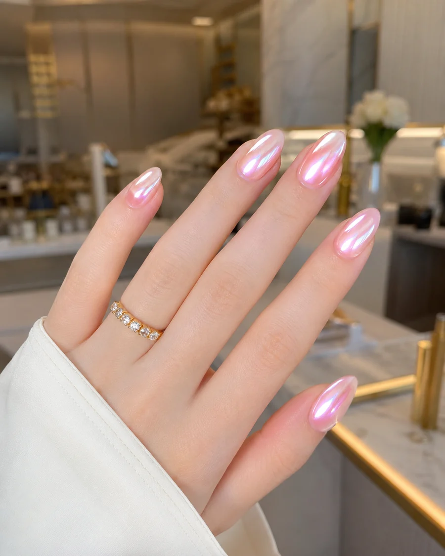 Manicura rosa con efecto perlado y forma almendrada