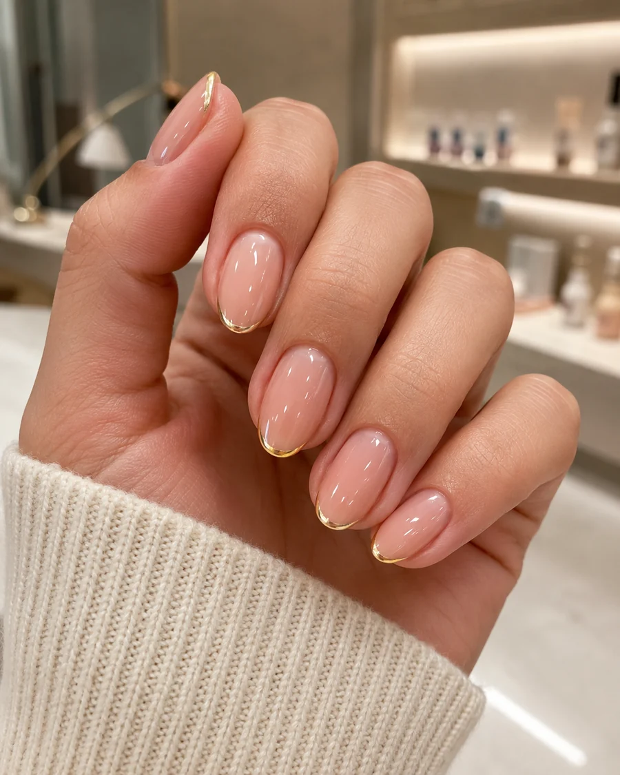Manicura francesa fina en color dorado sobre base nude