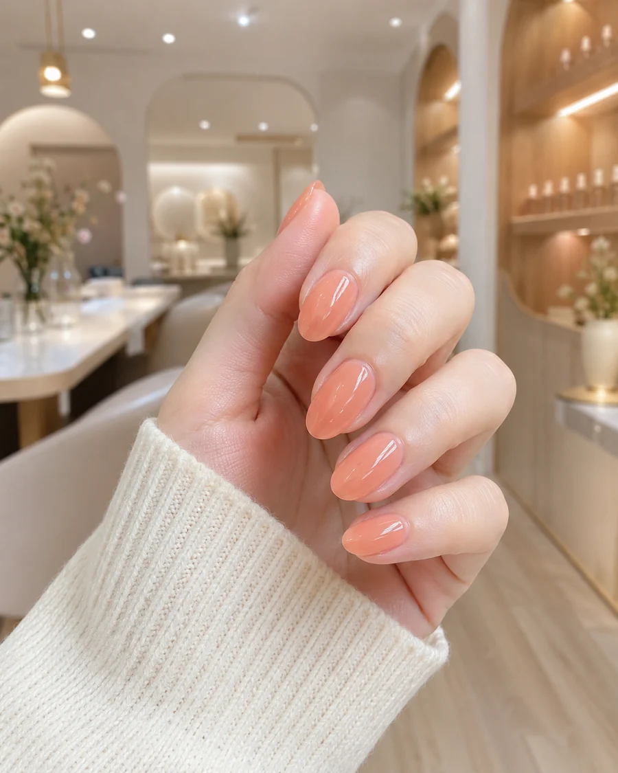 Manicura coral suave con acabado brillante