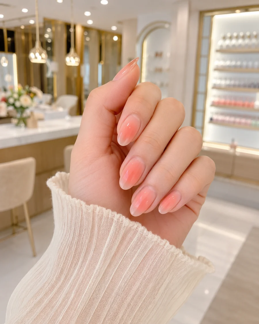 Manicura con degradado coral sobre base natural
