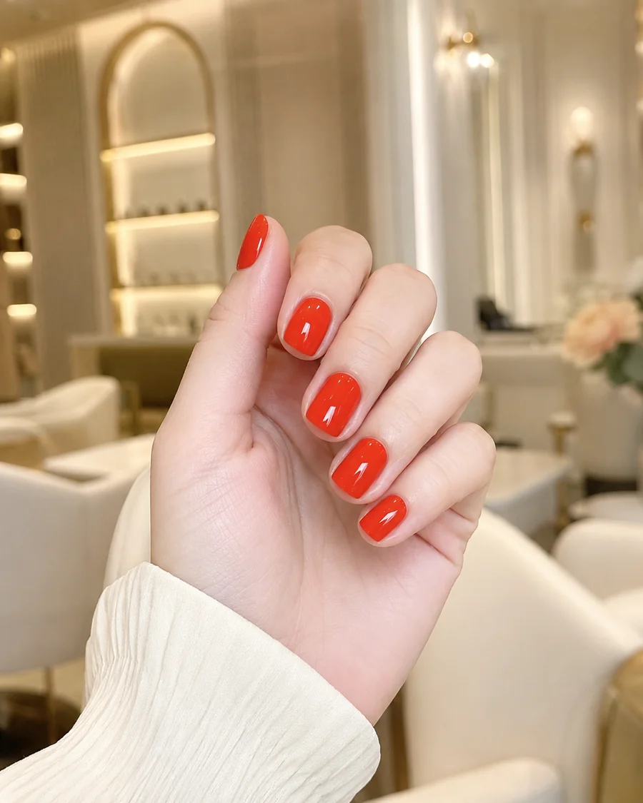 Manicura corta en rojo clásico con acabado brillante