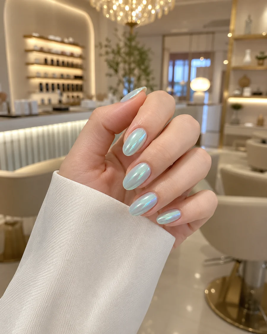 Manicura azul claro con reflejo efecto aurora