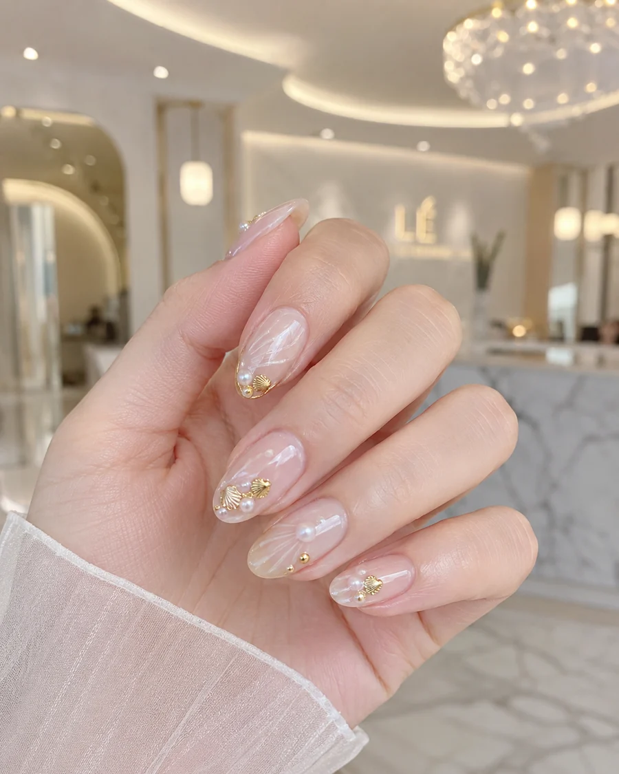 Diseño de uñas nude con detalles dorados y pequeñas perlas