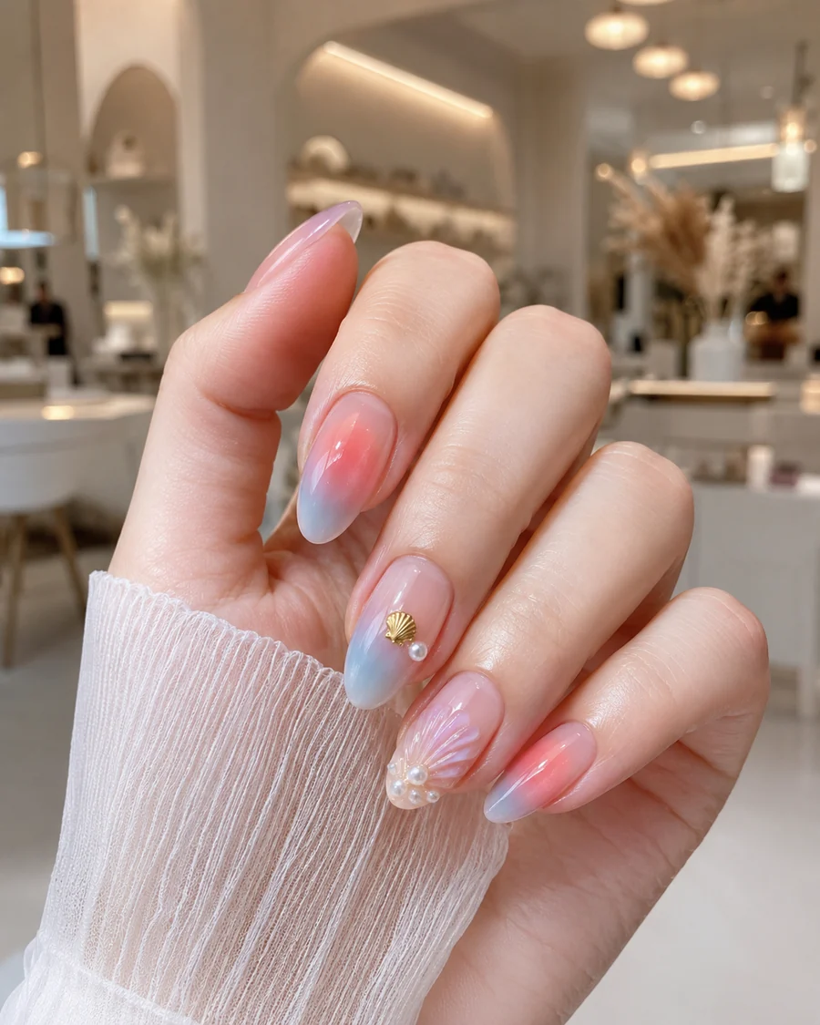 Diseño de uñas en degradado rosa y azul con detalles marinos