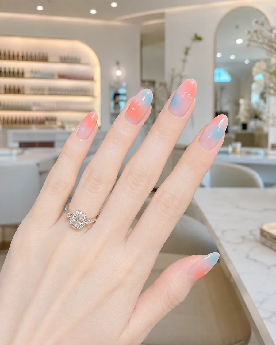Manicura almendrada con degradado rosa y azul pastel