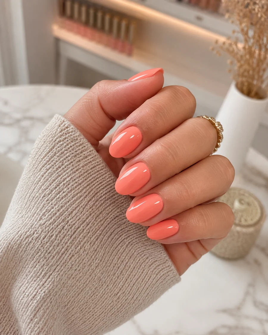 Manicura coral intensa con forma almendrada y acabado brillante