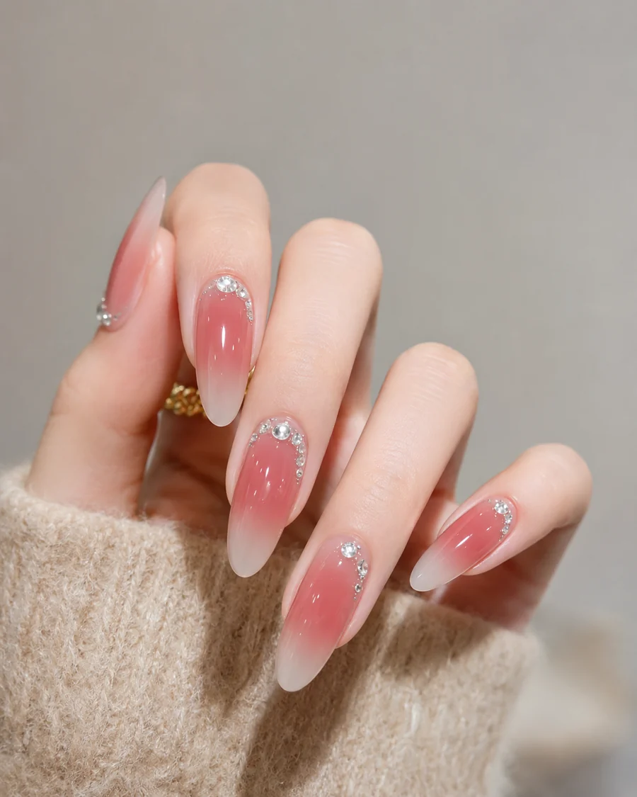 Manicura con degradado rosa y detalles de brillo tipo joya