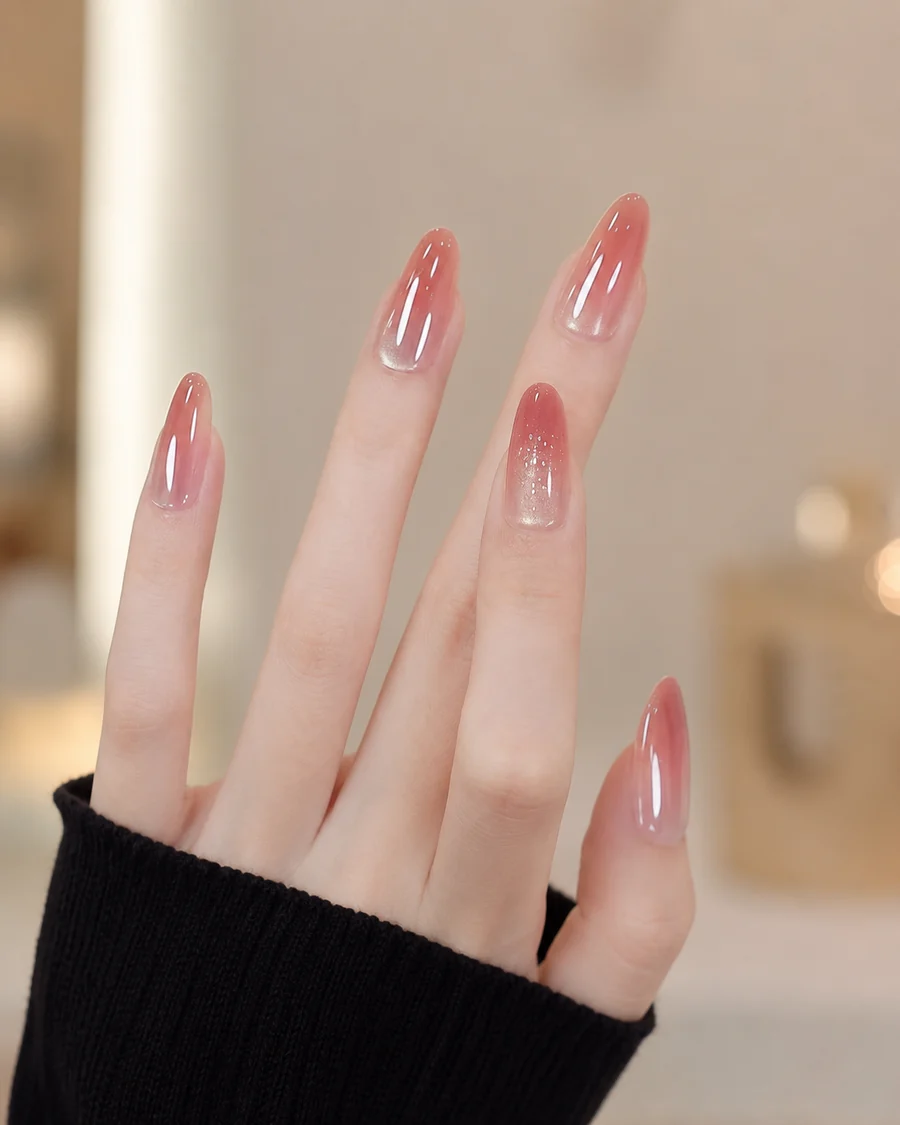 Manicura rosa translúcida con acabado brillante y detalle luminoso