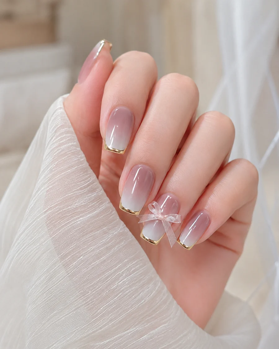 Manicura francesa degradada con borde dorado y pequeño lazo