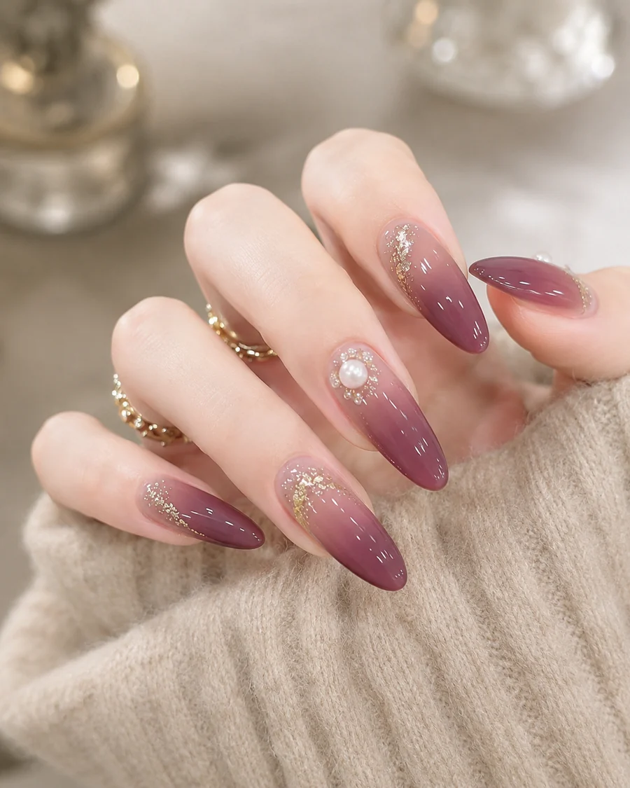 Manicura malva con degradado, detalles dorados y perla