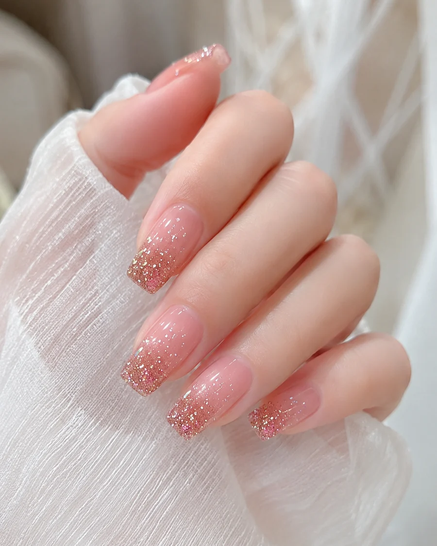 Manicura rosa con glitter en las puntas y forma cuadrada